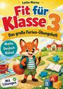 "Fit für Klasse 3", "Das große Ferien-Übungsheft". Illustration: Ein fröhlicher Fuchs mit Rucksack, Buntstift in der Hand.