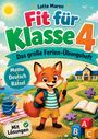 „Fit für Klasse 4“, Übungsheft mit Mathe, Deutsch, Rätsel, Fuchs mit Rucksack und Stift, Sonne und Schule im Hintergrund.