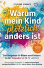 "Warum mein Kind plötzlich anders ist" steht groß auf buntem Hintergrund mit Symbolen wie Smileys und Herzen.