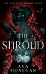 „THE SHROUD“ und „Ava Monegan“. Silhouette einer Frau mit Raben, Blumen und einem Gebäude, in dunklen Rottönen.