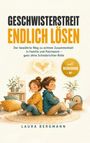 „Geschwisterstreit endlich lösen“ in großen Buchstaben. Illustration: Ein Junge und ein Mädchen, Rücken an Rücken, entspannen.