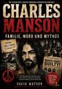 "Charles Manson: Familie, Mord und Mythos." Illustration mit düsterem Thema, Zeitungsartikel, Peace-Zeichen.