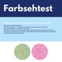"Farbsehtest" oben, darunter Farbwahrnehmungstests beschrieben, zwei Ishihara-Tafeln mit bunten Punkten und Zahlen.