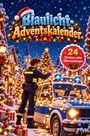 "Blaulicht-Adventskalender", "24 Türchen voller Überraschungen." Ein Polizist dekoriert ein Auto mit Lichterketten.