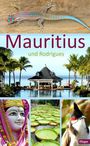 Text "Mauritius und Rodrigues". Oben Gecko auf Holz, darunter Strandhaus mit Palmen, unten Maske, Seerosen, Vogel. Logo "Hupe".