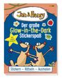 Text: "Jan & Henry. Der große Glow-in-the-Dark Stickerspaß. Mit vielen Stickern! Stickern – Rätseln – Ausmalen."

Illustration von zwei fröhlichen Figuren auf blauem Hintergrund.