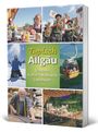 „Typisch Allgäu“ in gelbem und weißem Text. Szenen: Frühstück, Blasmusik, Skifahren, Seilbahn, Handwerker, Freilufttheater.