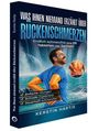 Titel: "Was Ihnen niemand erzählt über Rückenschmerzen". Darunter: "Endlich schmerzfrei ohne OP, Tabletten oder Spritzen!" Ein Mann in Sportkleidung lächelt, im Hintergrund Wasserfälle. Rechts ein Kreis mit einem Bild von jemandem, der sich den Rücken hält. Unten: "Einfache Übungen", "Schnelle Ergebnisse", "Dauerhaft schmerzfrei". Autor: Kerstin Hartje.