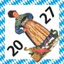 Die Zahlen 20 und 27 sind zu sehen. Eine Frau in traditioneller bayerischer Tracht steht neben einem Korb.