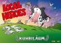 „Local Heroes Band 25 Jubiläum“. Eine springende Kuh, Windrad, hügelige Wiese und Möwen in einer Cartoon-Szene.