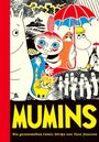 Text: "MUMINS. Die gesammelten Comic-Strips von Tove Jansson". Illustration mit verschiedenen cartoonartigen Figuren.
