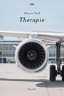 Text: "|xs| Chaim Noll Therapie Novelle". Ein Flugzeugtriebwerk auf einem Rollfeld, Hintergrund mit Gebäude.