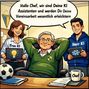Sprechblase: "Hallo Chef, wir sind Deine KI Assistenten...". Frau KI und Herr KI halten Tablets, Chef sitzt entspannt.