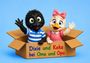 "Dixie und Keke bei Oma und Opa". Zwei freudige, kindliche Vögel, einer schwarz mit Streifenhemd, einer weiß mit rosa Kleid.