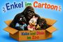 "Enkel im Cartoon" und "Keke und Dixie im Zoo" sind bunte Texte. Drei fröhliche Tiere in einem Karton: Gorilla, Vogel und Ente.