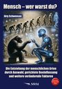 Titel: "Mensch – wer warst du?" Autor: Jörg Schwenson. Illustration eines Affen und eines Roboters, die interagieren.