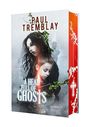 „A HEAD FULL OF GHOSTS“ von Paul Tremblay. Zwei melancholische Mädchen mit Ranken, roter Buchrücken mit weißen Mustern.