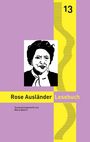„Rose Ausländer Lesebuch“. Illustration der Frau im Schwarz-Weiß-Stil, lila Hintergrund mit gelben Akzenten.