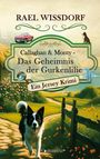 "Callaghan & Monty - Das Geheimnis der Gurkenlilie. Ein Jersey Krimi." Ein Hund läuft auf einem Weg durch eine blühende Landschaft.