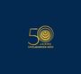 "50 Jahre Spielbanken NRW" in Gold auf dunkelblauem Hintergrund, mit einem stilisierten Kreisdesign als Logo.