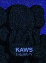 Text: "KAWS THERAPY". Dunkle Silhouette einer Figur, bedeckt mit glitzernden blauen Punkten.