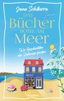 "Bücherhotel am Meer" von Jana Schikorra. Illustration: Blaues Hotel am Strand, Blumen, Bücherstapel, Muscheln, Schmetterling.