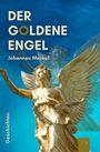 "DER GOLDENE ENGEL" von Johannes Merkel. Eine goldene Engelsstatue mit ausgebreiteten Flügeln vor blauem Hintergrund.