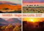 "NAMIBIA - Magie des Lichts 2027" steht oben. Unten vier Bilder mit Landschaften, Giraffen und Elefanten bei Sonnenuntergang.