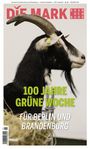 "100 Jahre Grüne Woche. Für Berlin und Brandenburg." Ein Ziegen-Porträt mit großen Hörnern, ein Etikett im Ohr.