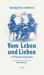 "Vom Leben und Lieben" von Marjana Sawka. Illustrationen: Zwei Personen am Tisch in Blau, stilisiert.