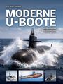 "Moderne U-Boote" von E.V. Martindale. U-Boot durchbricht die Wellen, unten kleinere Bilder von U-Booten.