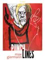 Text: "fineBOOKS", "PUNCH LINES", "max giermann". Illustration: Abstraktes Porträt auf rotem Hintergrund.
