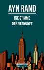 „AYN RAND. DIE STIMME DER VERNUNFT“ über einer Illustration einer Skyline mit orangefarbenen Gebäuden, Logo „LICHTSCHLAG Buchverlag“ unten.