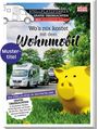 "Muster­titel: Wo’s nix kostet mit dem Wohnmobil. Logo oben: Stellplatzführer. Bild: Wohnmobile auf Straßenrand, gelbes Sparschwein auf Wiese."