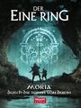 "Der Eine Ring", "Moria", "durch die Türen von Durin", "Truant Spiele". Illustration: Zwei Figuren vor einem leuchtenden Tor.