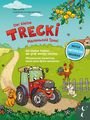 Buchtitel "Der kleine Trecki" auf Deutsch und Ukrainisch. Illustration: Roter Traktor mit fröhlichem Hund, Hahn und Katze.