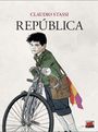 "Claudio Stassi, República." Ein Junge mit Fahrrad und Tasche, bunter Stoff hinten, guckt nachdenklich. Illustration.