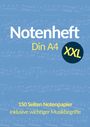Notenheft Din A4 XXL, 150 Seiten Notenpapier, inklusive wichtiger Musikbegriffe. Blaues Design mit Noten.
