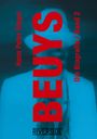 Rot: "Hans Peter Riegel", "BEUYS", "Die Biografie / Band 2". Unten "RIVERSIDE". Unscharfe Figur mit Hut und Jacke in Blau.