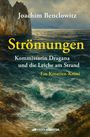 Buchtitel "Strömungen". Küstenansicht mit Wellen, Felsen und dramatischem Himmel, gemäldeartig illustriert.