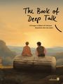 "The Book of Deep Talk" oben. Zwei Menschen sitzen auf einem Baumstamm vor einem Bergpanorama in einer Illustration.