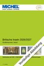 "Vorläufige Abbildung" diagonaler Text über Briefmarken, grüner Hintergrund, oben "MICHEL", "Britische Inseln 2026/2027".