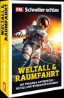 „WELTALL & RAUMFAHRT - 365 Fragen & Antworten“. Astronaut im Raumanzug schwebt vor dem Planeten und einer aufgehenden Sonne.