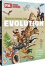 Titel: "Check den Survival Code: EVOLUTION". Verschiedene Tierarten, darunter Dinosaurier, Giraffe, Affe und Vögel.