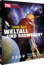 Aufschrift: "Cosmic Quest - Weltall und Raumfahrt". Verschiedene Planeten, ein Teleskop und eine Rakete im Weltraum.