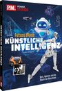 Titel: "Future Mode KÜNSTLICHE INTELLIGENZ". Farbige Illustrationen futuristischer Roboter und Technologie.
