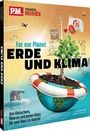 Schriftzug: "ERDE UND KLIMA". Eine Weltkugel im Rettungsring mit Baum, Windrad, Eisbär und Flugzeug.