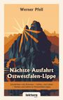 „Nächste Ausfahrt Ostwestfalen-Lippe“. Illustration: Sonnenstrahlen hinter Berglandschaft. Autor: Werner Pfeil.