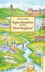 "Johanna Ritter Sagen & Geschichten aus dem Weserbergland." Illustration einer Landschaft mit Schlössern und Figuren.