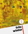 Text: "fritz winter" und "bauhausmaster". Illustration eines abstrakten Gesichts in Gelb- und Brauntönen mit blauen Augen.